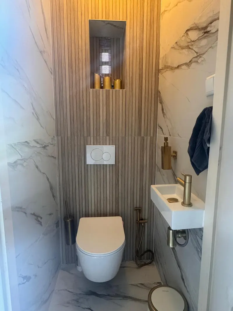Toilet met houtlook wand en fontein