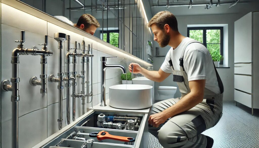 freecompress-DALL·E 2024-11-17 16.49.09 - An ultra-realistic, full HD image of a professional plumber working in a modern bathroom or kitchen. The plumber is dressed in clean work attire, care